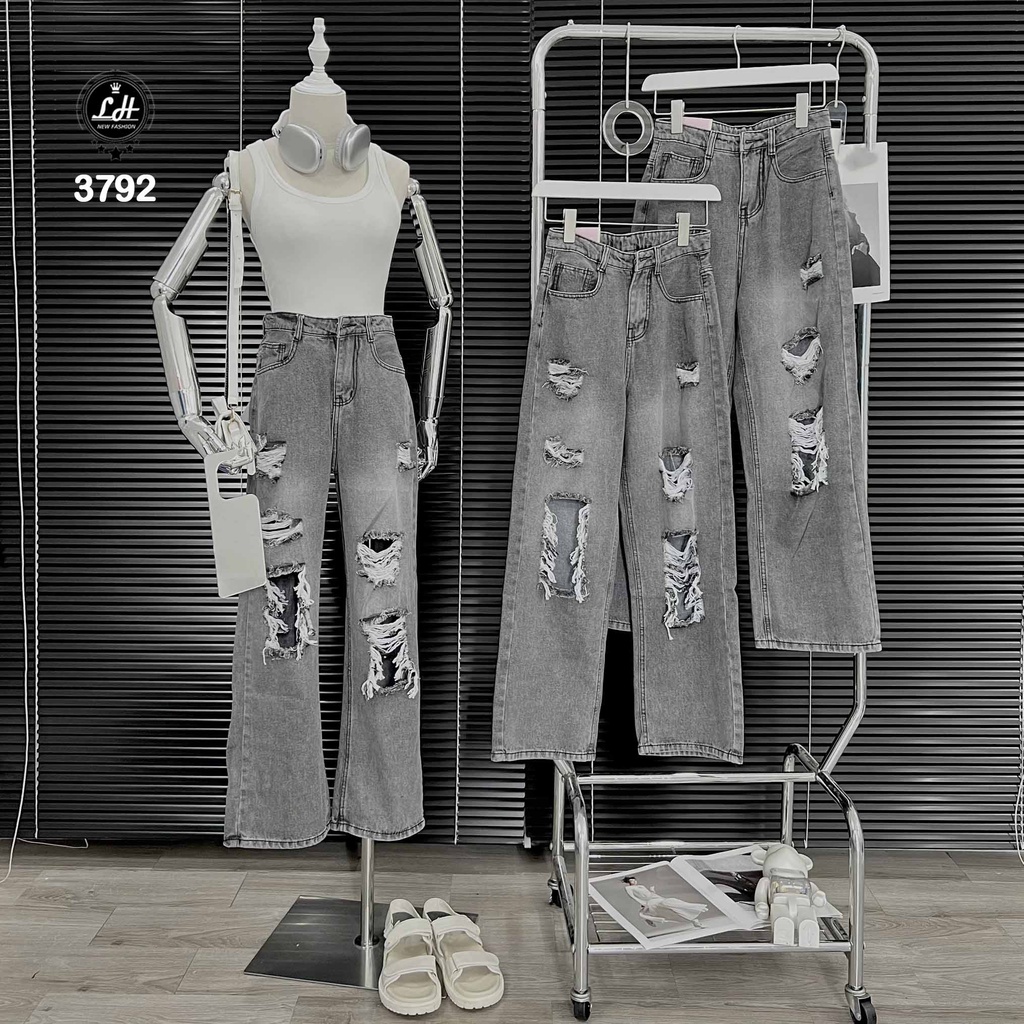 Quần jean nữ ống rộng màu xám rách te tua phá cách Lê Huy Fashion MS 3792
