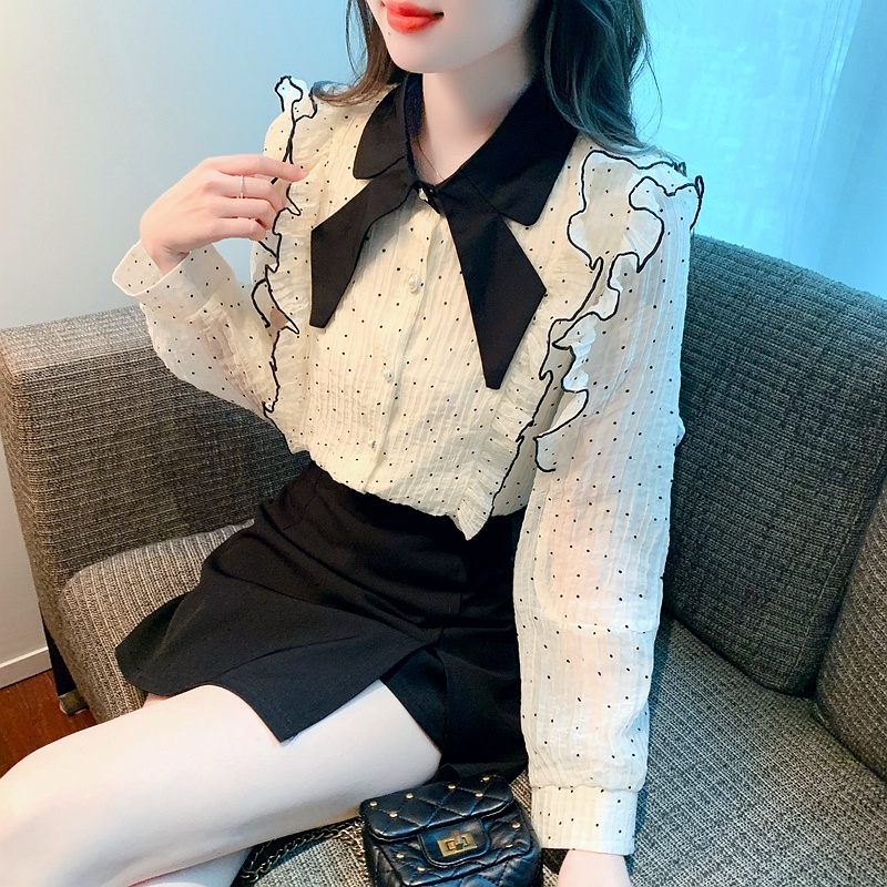 Áo Sơ Mi Tay Dài Họa Tiết Chấm Bi Màu Sắc Tương Phản Thời Trang Mùa Thu Cho Nữ