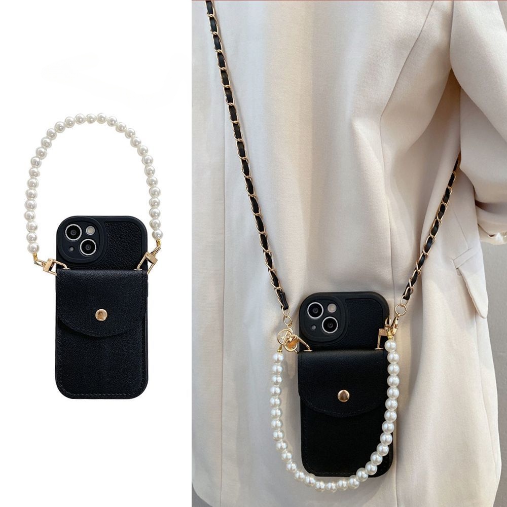 Ins black with lanyard pearl bracelet case for iphone case 11 14 13 12 x xs xr max 7 8 plus pro max 