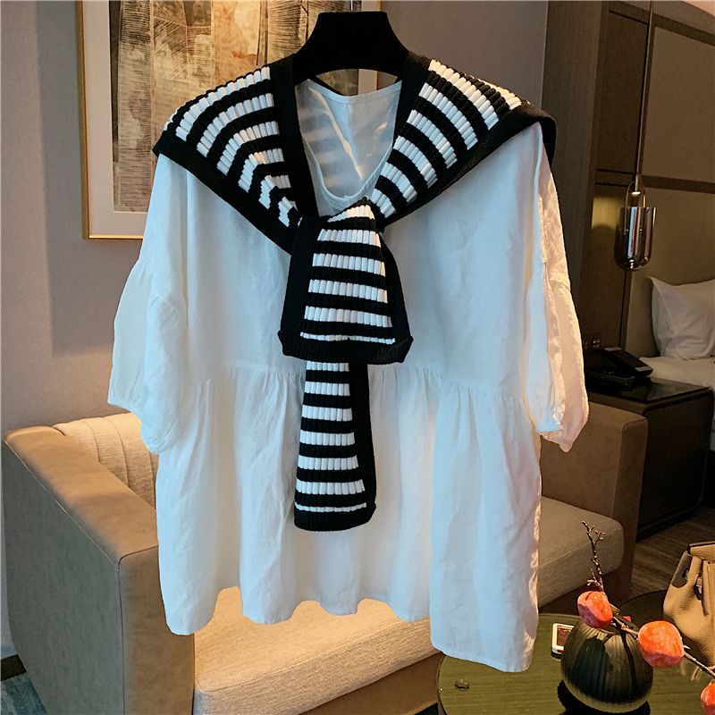 Khăn Choàng cotton Dệt Kim Kẻ Sọc Trắng Đen Nhỏ Dễ Phối Đồ Thời Trang Mùa Xuân Cho Nữ