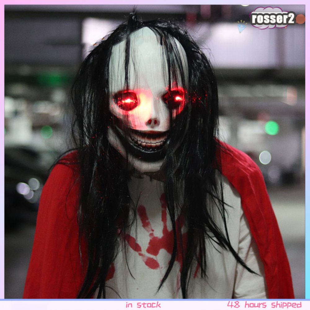 Halloween Ghost Face Mặt nạ kinh dị Tóc dài Mũ trùm đầu Mặt nạ phát sáng đẫm máu -Rosser2