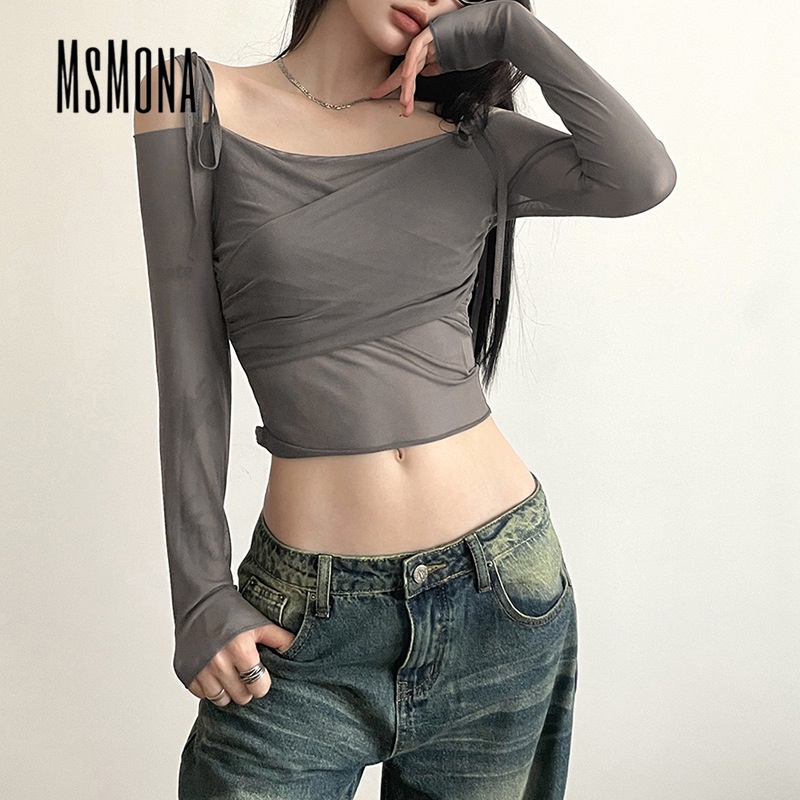 Áo Thun Tay Dài Dáng Ôm Hở Vai Màu Trơn Thời Trang 2023 Dành Cho Bạn Nữ