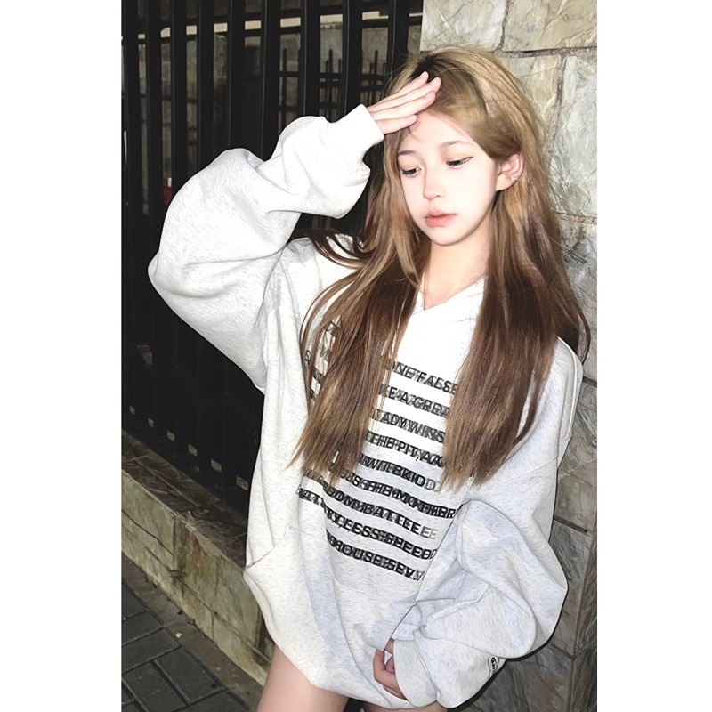 Cotton in mùa thu có mũ trùm đầu áo dài tay t-shirt của phụ nữ phong cách hàn quốc thời trang lỏng lẻo mùa đông chữ cái áo len cổ điển