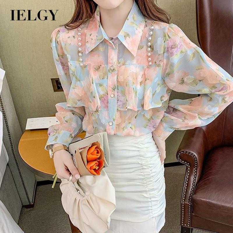 IELGY Áo Kiểu Nhún Bèo Phối Dây Xích Ngọc Trai Phong Cách Pháp Thời Trang Sang Trọng Cho Nữ