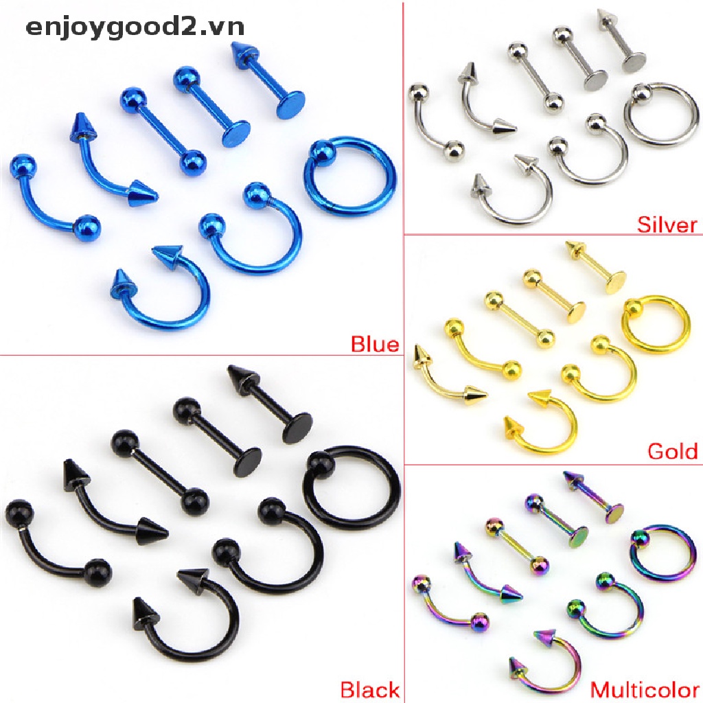 Set 8 Khuyên Mũi / Môi / Tai / Mũi / Lông Mày Bằng Thép Không Gỉ 16G