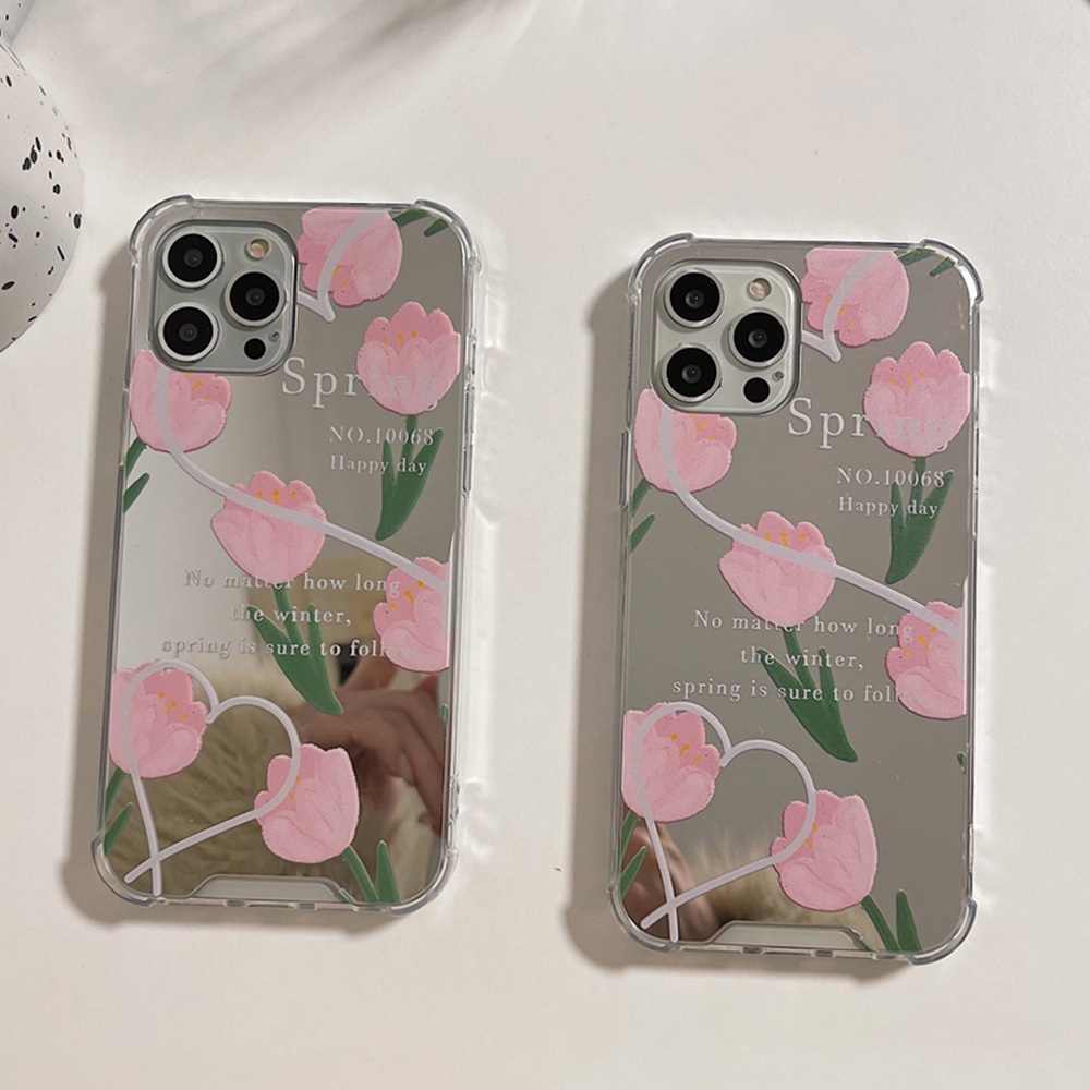 Ốp Điện Thoại TPU Dẻo Gắn Gương Trang Điểm In Hình Hoa Tulip Cho IPhone 13 12 11 Pro Max XS XR 8 7 Plus