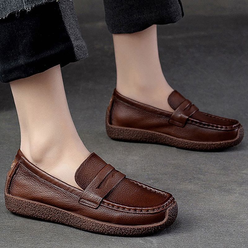 Giày Lười Da Bò Đế Mềm Mũi Tròn Phong Cách vintage Thời Trang Mùa Xuân 2023