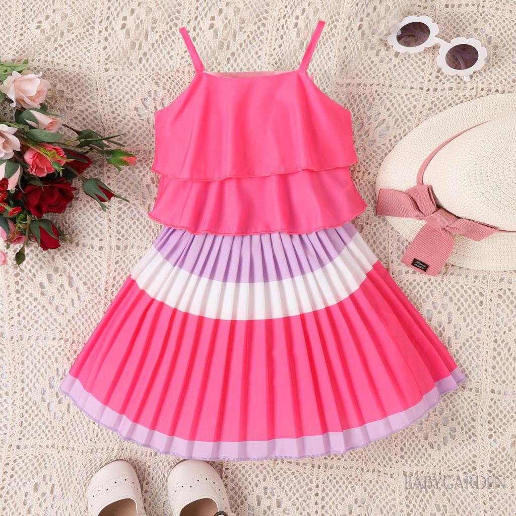 Bộ Áo Tank Top Không Tay + Chân Váy Chữ A Xếp Ly Dành Cho Bé Gái 4-7 Tuổi