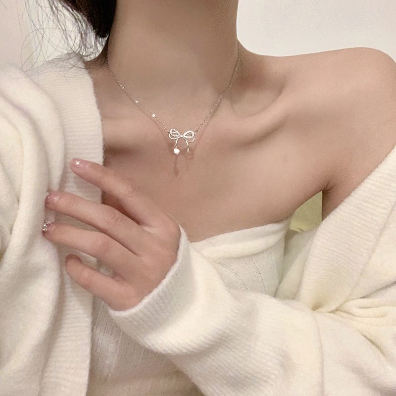 Vòng cổ Mạ Bạc 925 Mặt Hình Nơ Sang Trọng Cho Nữ