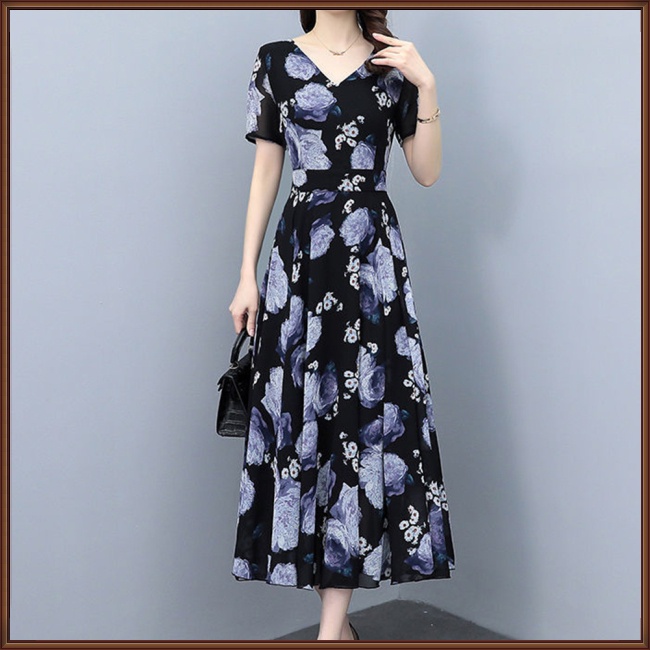 Đầm Dài Dáng Chữ A Tay Ngắn Cổ Chữ V Eo Cao In Hoa Dành Cho Nữ