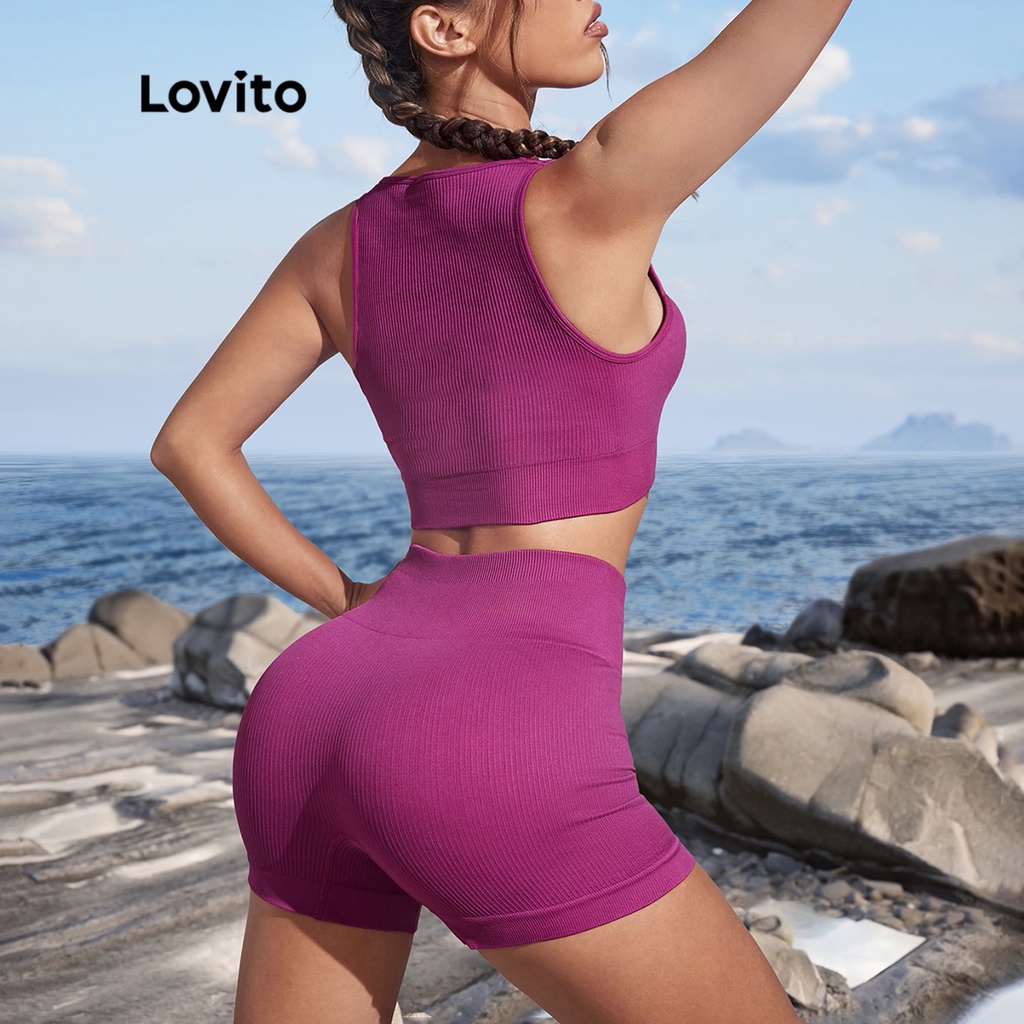 Lovito Bộ đồ thể thao eo cao tập yoga trơn đơn giản giảm béo dành cho nữ L48AD047 (Hoa vân anh)