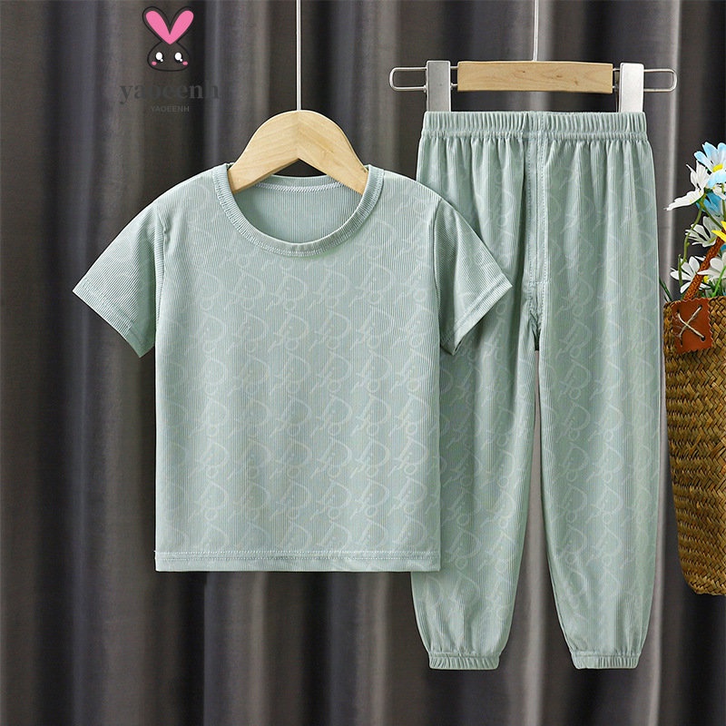 【YAOEENH】Bộ Quần Áo Tay Ngắn Chất Lụa Lạnh Màu Sắc Đơn Giản Thời Trang Cho Bé 90-150cm