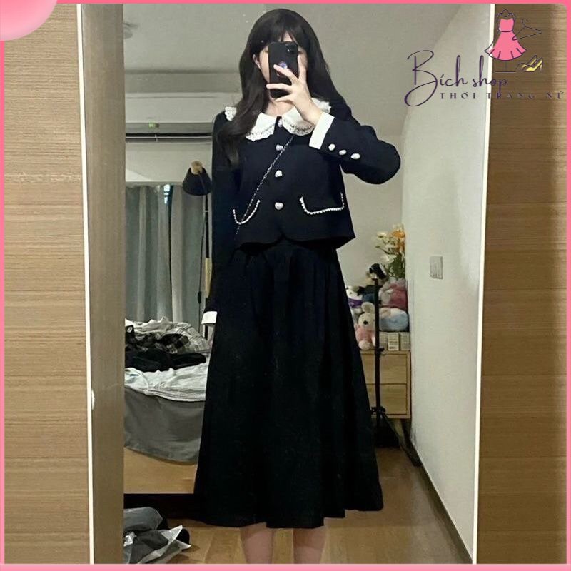 Sét váy áo pha viền bèo , phối cổ sơmi siêu xinh