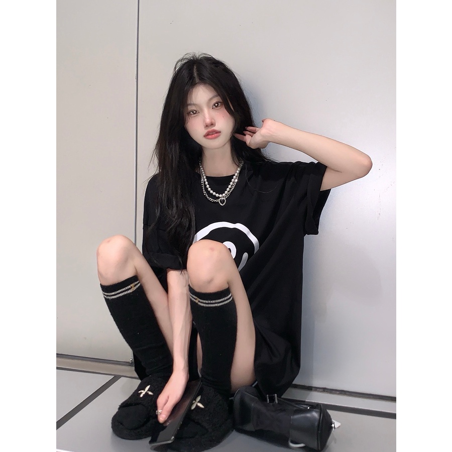 Áo Thun 100% cotton Màu Đen Dáng Rộng In Họa Tiết Thời Trang Mùa Hè Dành Cho Nữ 4683