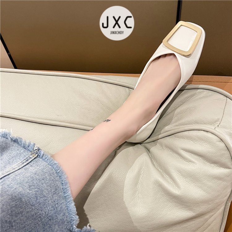 JINxCHOY Giày da mềm gót thấp mũi vuông màu trơn đơn giản thoải mái thời thượng