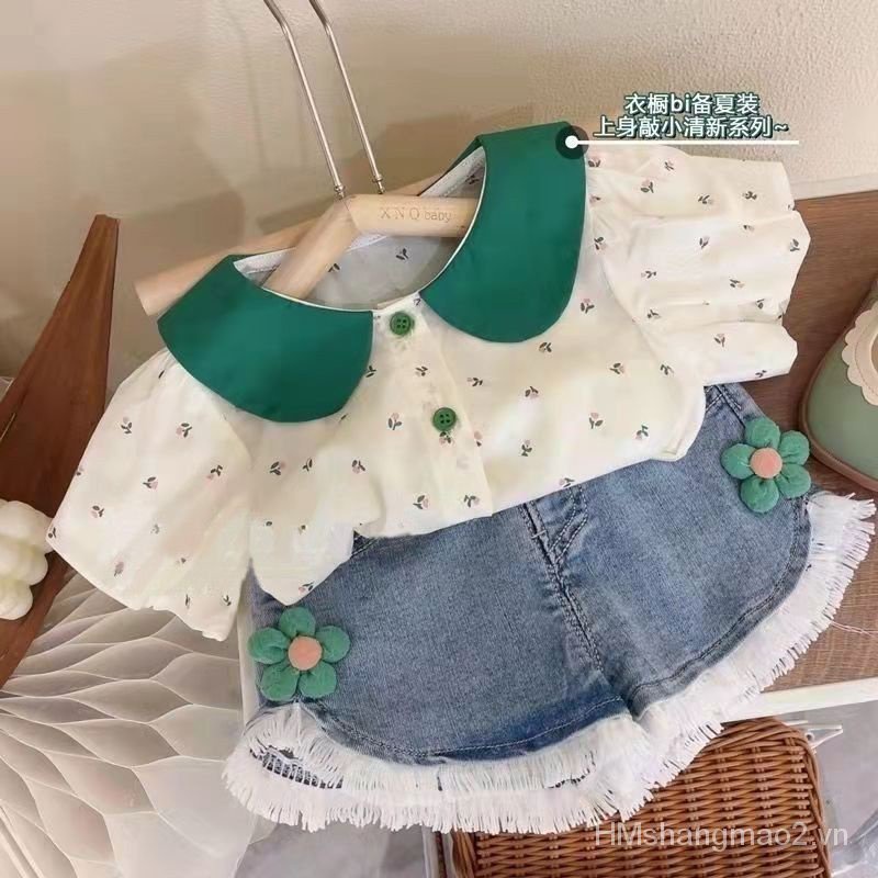Bộ Áo Sơ Mi Tay Ngắn Phối Quần Short Denim Hai Mảnh Thời Trang Mùa Hè Cho Bé Gái
