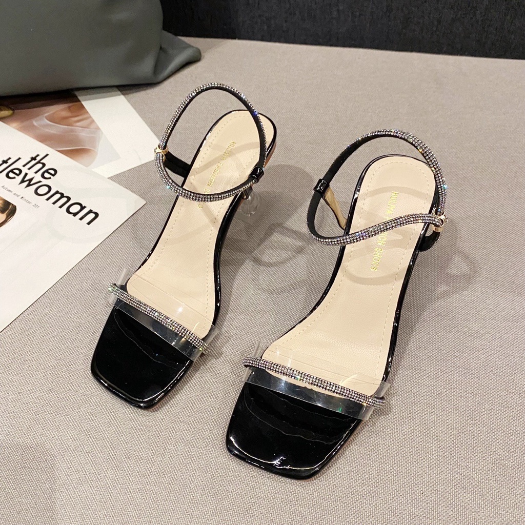 Sandal cao gót sandanl dép nữ quai xoàn gót Meka ly 7p giày cao gót mũi vuông quai đính đá T39