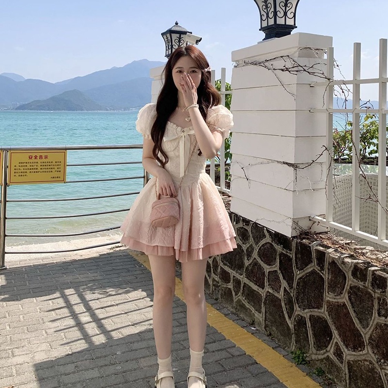 IELGY    Đầm Ngắn Chiết Eo Màu Hồng gradient Trắng Và Ngọt Ngào Phong Cách Hàn Quốc Cho Nữ