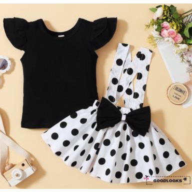 Bộ Áo Thun Tay Bay Cổ Tròn Màu Trơn Phối Đầm Đen / Rosy Thời Trang Cho Bé Gái