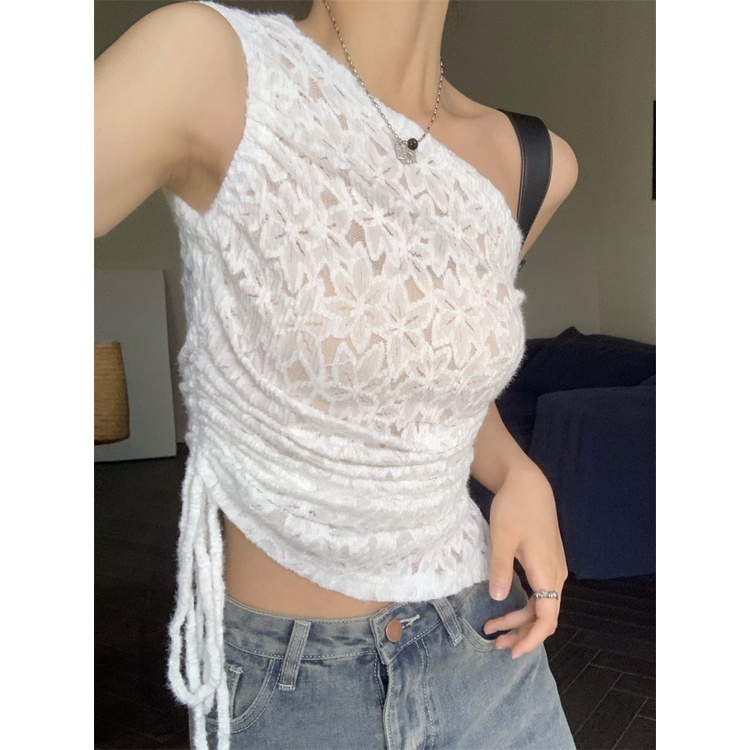 「Nonfatgirl」Áo Ren Trễ Vai Phối Dây Rút Thiết Kế Lệch Tà Quyến Rũ Dễ Phối Đồ Thời Trang Cho Nữ