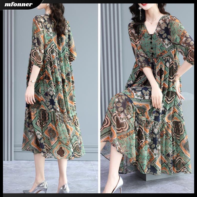 Đầm Tay Ngắn Cổ Chữ V In Họa Tiết Retro Thời Trang Dành Cho Nữ