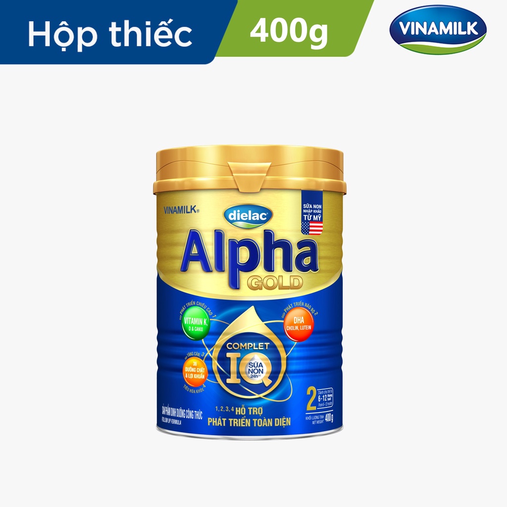 2 Hộp Sữa bột Dielac Alpha Gold 2 - Hộp thiếc 400g (cho bé từ 6 - 12 tháng tuổi)