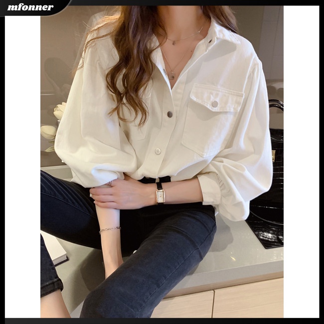 Áo Sơ Mi Denim Tay Dài Dáng Rộng Màu Sắc Đơn Giản Cho Nữ