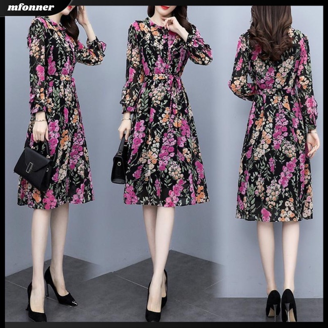 Đầm Midi Tay Dài Cổ Tròn Cột Dây Họa Tiết Hoa Thiết Kế Thoáng Khí Siêu Nhẹ Thời Trang Cho Nữ