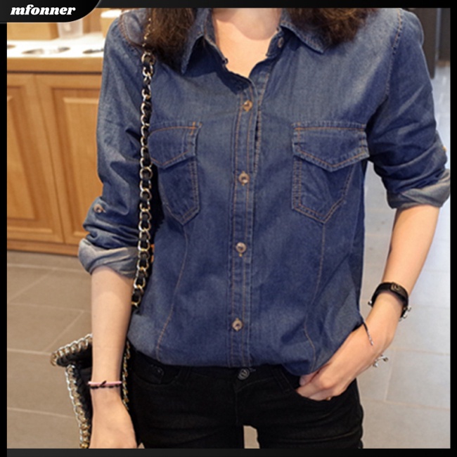 Áo Sơ Mi Denim Tay Dài Màu Sắc Thời Trang Cho Nữ