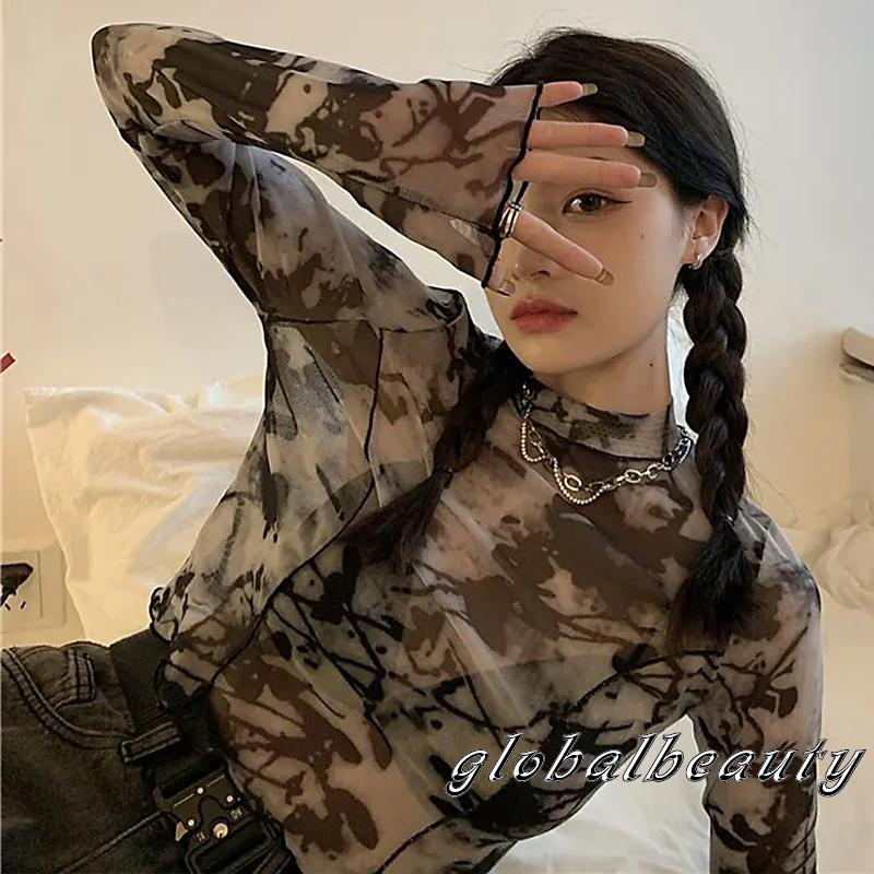 Gb-áo Thun Crop Top Tay Dài Cổ Thuyền Phối Lưới Mỏng In Họa Tiết Trừu Tượng Cho Nữ