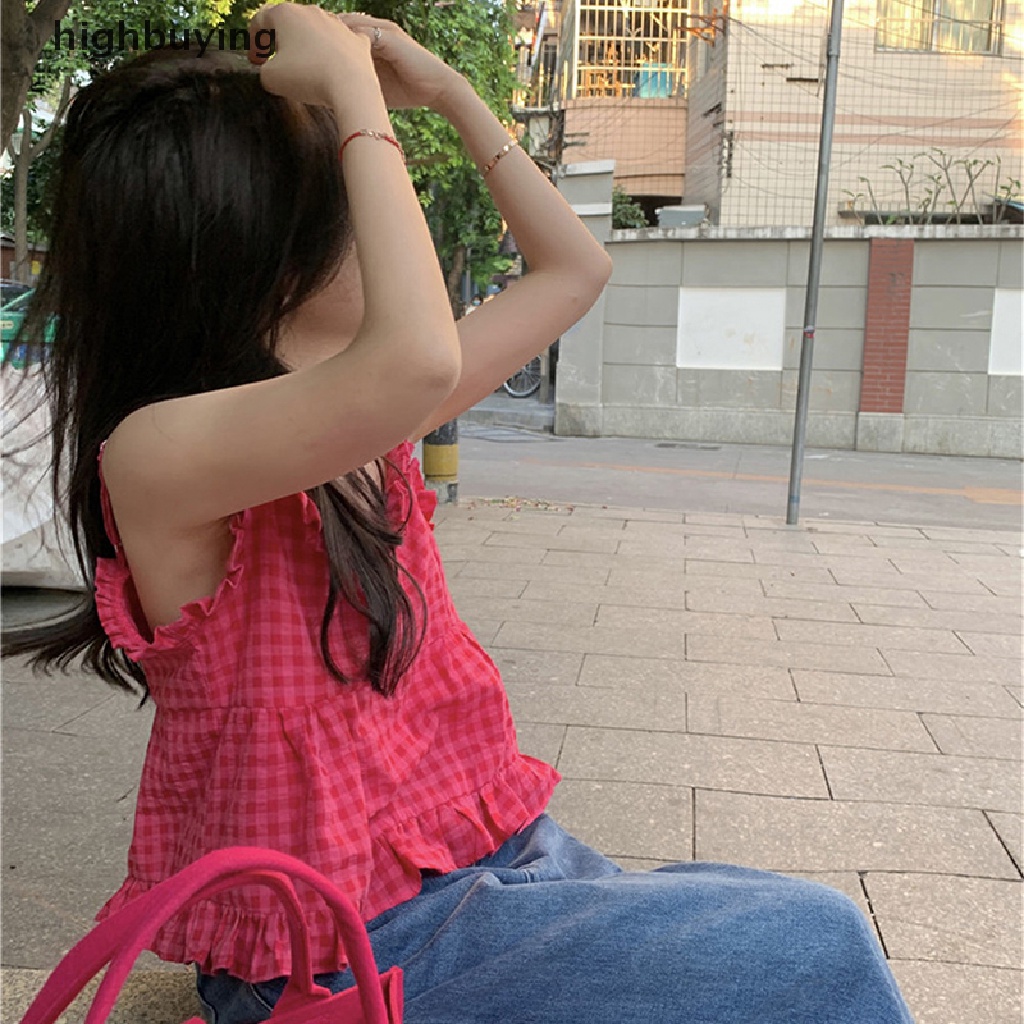 Áo Hai Dây Y2k Nhún Bèo Họa Tiết Caro Ngọt Ngào Thời Trang Đường Phố Cho Nữ