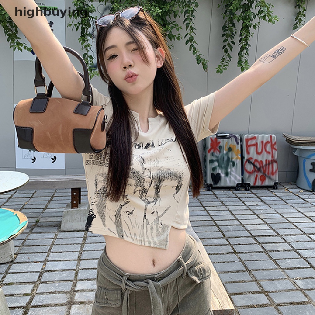 Áo Thun Lửng Ngắn Tay Cổ Chữ V In Họa Tiết Retro Cho Nữ