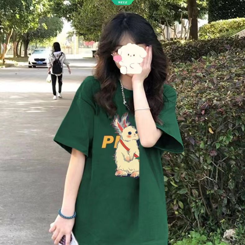 Áo Thun Tay Ngắn Dáng Rộng In Hình Thỏ Màu Xanh Lá Đậm Thời Trang Mùa Hè Hàn Quốc Mới 2023