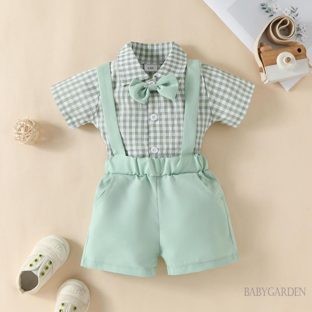 Bộ Áo Liền Quần Ngắn Tay Họa Tiết Caro + Quần Short Yếm Co Giãn Thời Trang Cho Bé Trai