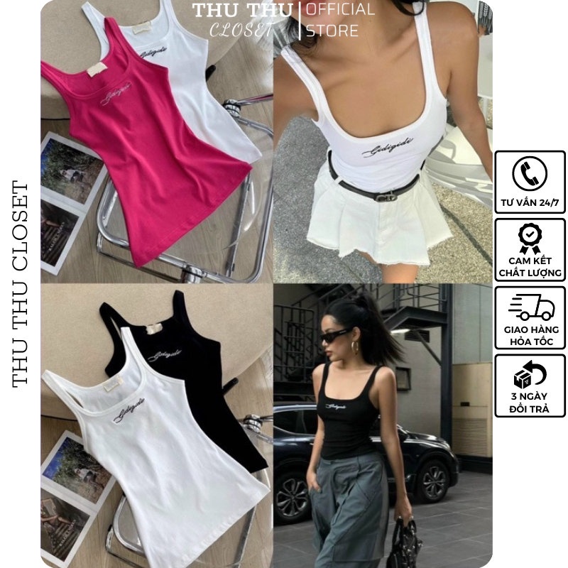 Áo ba lỗ chữ thêu 3 màu trắng, hồng, đen siêu đẹp