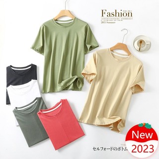 Áo Thun 100% cotton Tay Ngắn Cổ Tròn Dáng Rộng Màu Trơn Thời Trang Mùa Hè 2023 Cho Nữ