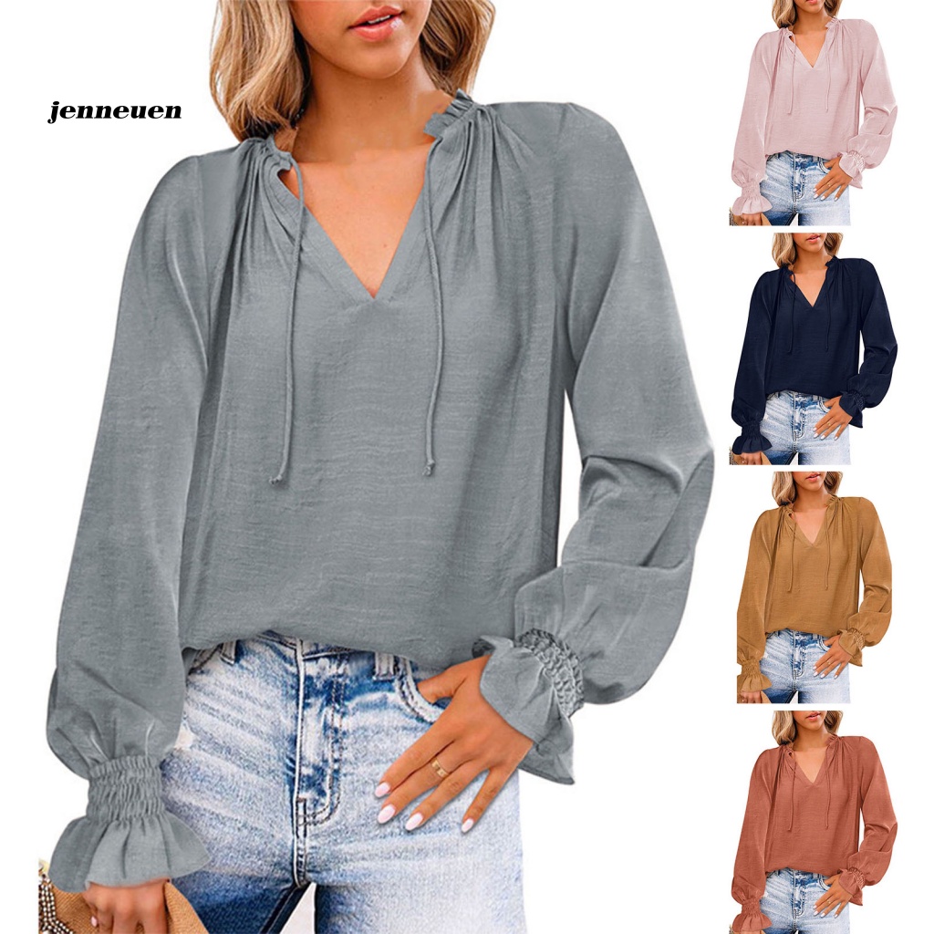 Áo Sơ Mi Voan Tay Dài Phồng Cổ Chữ V Màu Trơn Thắt Dây Phía Trước Kiểu Dáng Đơn Giản Cho Nữ