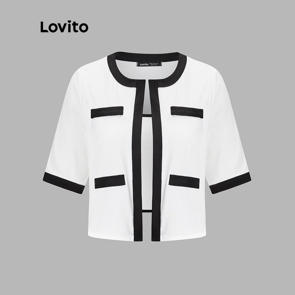 Bộ áo Lovito phối viền tương phản ghép nối màu sắc màu trơn thường ngày cho nữ L49ED130 (màu đen và trắng)