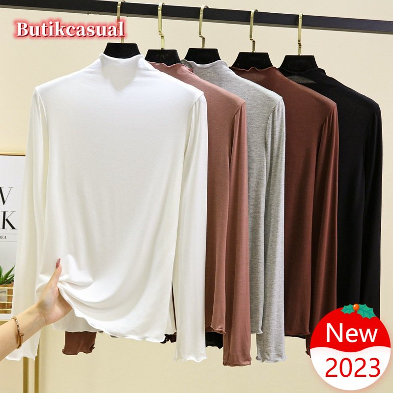 Áo Thun cotton Cổ Cao Tay Dài Dáng Rộng Thời Trang Mùa Hè 2023 Cho Nữ