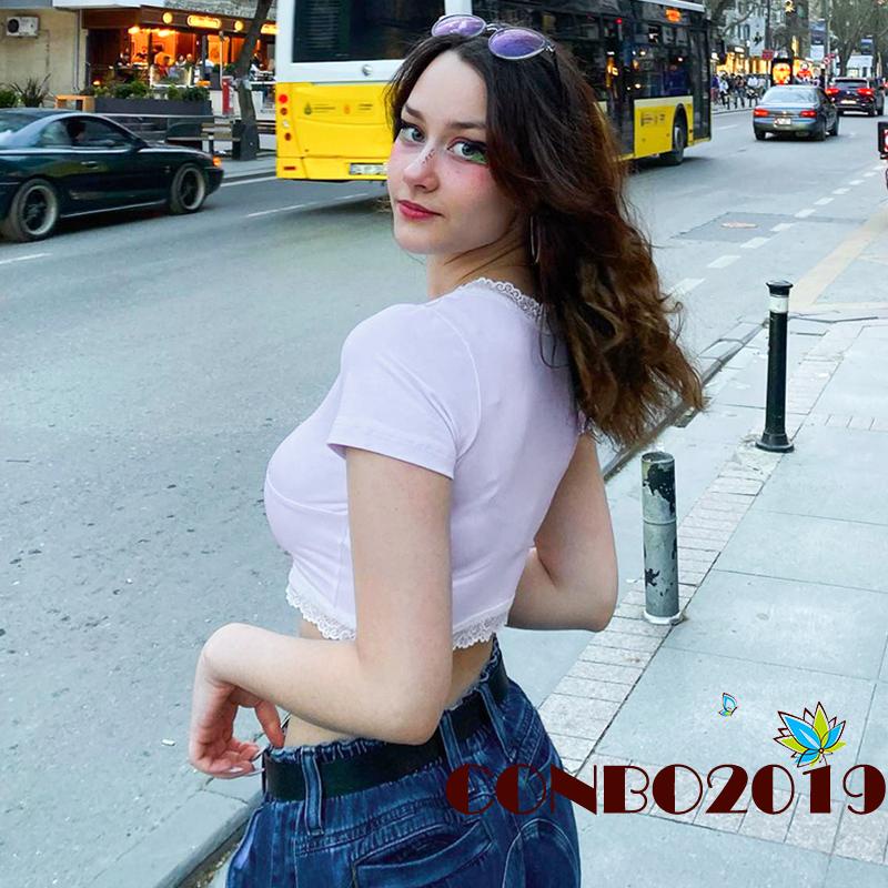 Áo Thun Crop Top Tay Ngắn Cổ Chữ V Phối Ren Thời Trang Mùa Hè Cho Nữ