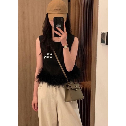 UJSK MiuMiu 23 spring and summer gentle style embroidered letter logo hem ostrich fur decorative sleeveless all-match vest