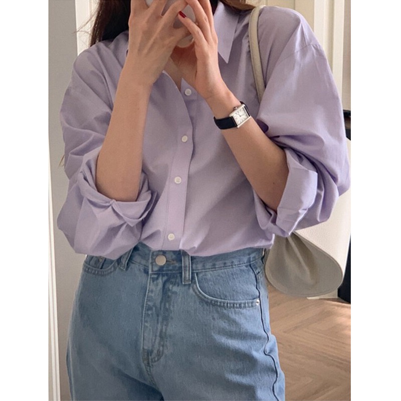 SUXI Áo Sơ Mi Tay Dài Dáng Rộng Màu Sắc Đơn Giản Phong Cách Hàn Quốc Thời Trang Cho Nữ