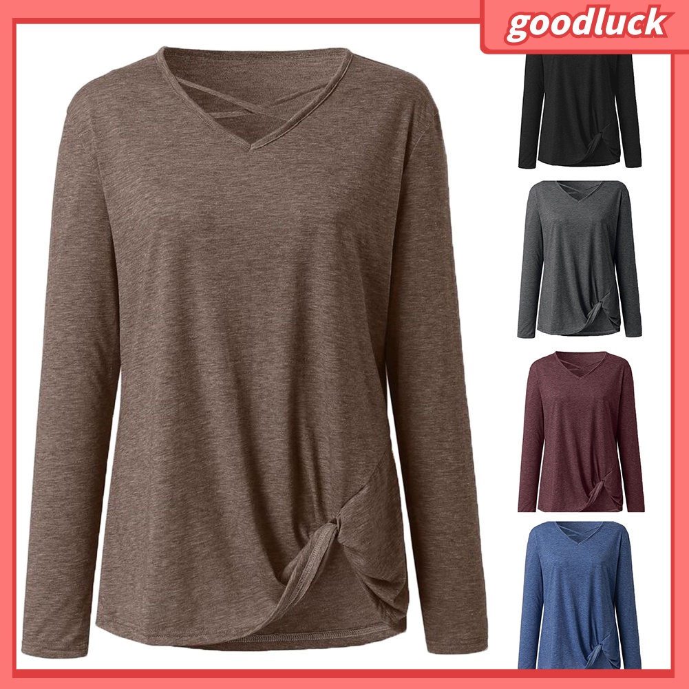 Áo Kiểu Tay Dài Cổ Chữ V Thắt Nút Chéo Màu Trơn Dành Cho Nữ