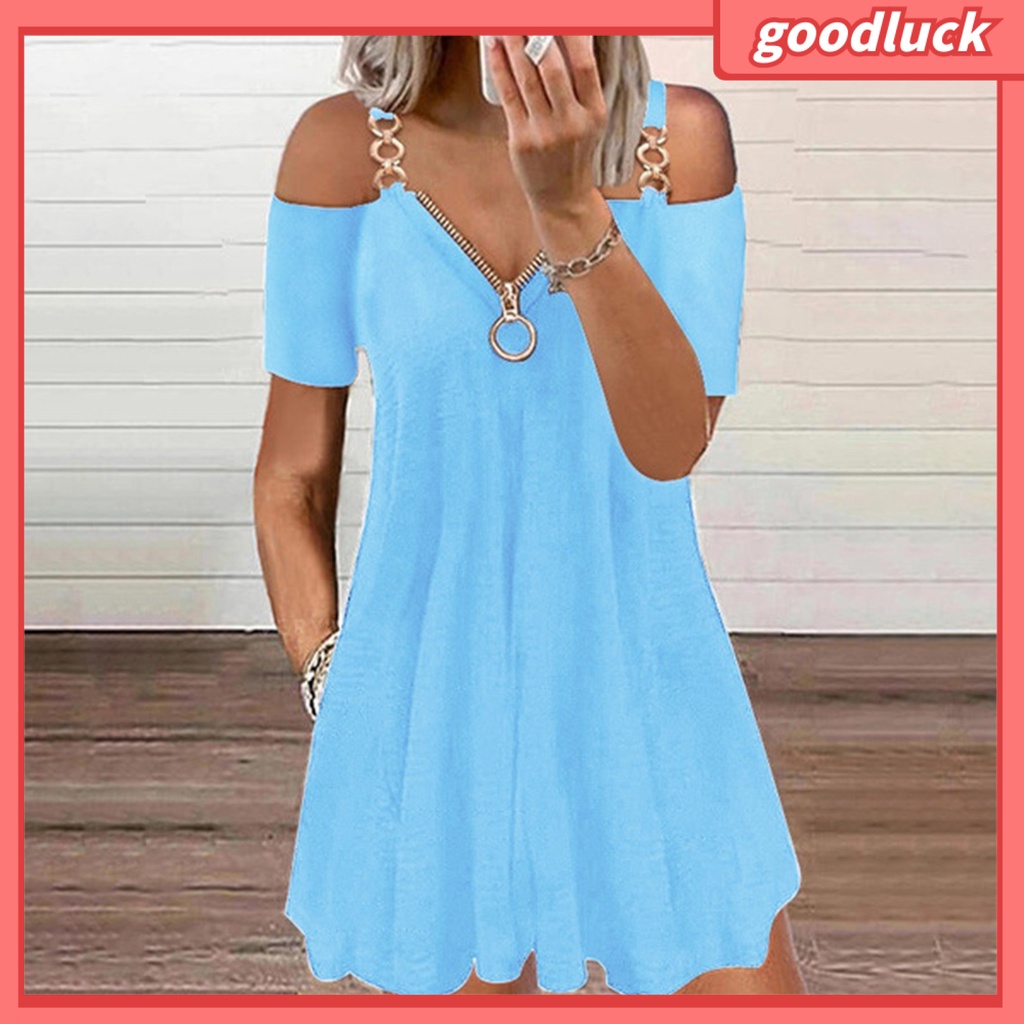 [GUC] Đầm Xòe Mini Chữ A Xếp Ly Dây Đeo Vai Cổ Chữ V Tay Ngắn Có Khóa Kéo Bằng Kim Loại Kích Thước Lớn Cho Nữ