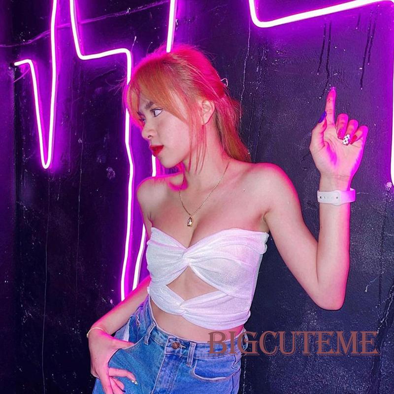 [] - Áo Croptop Hở Vai Hở Lưng Màu Trơn Thắt Nút Thời Trang Đường Phố Câu Lạc Bộ Đường Phố Cho Nữ