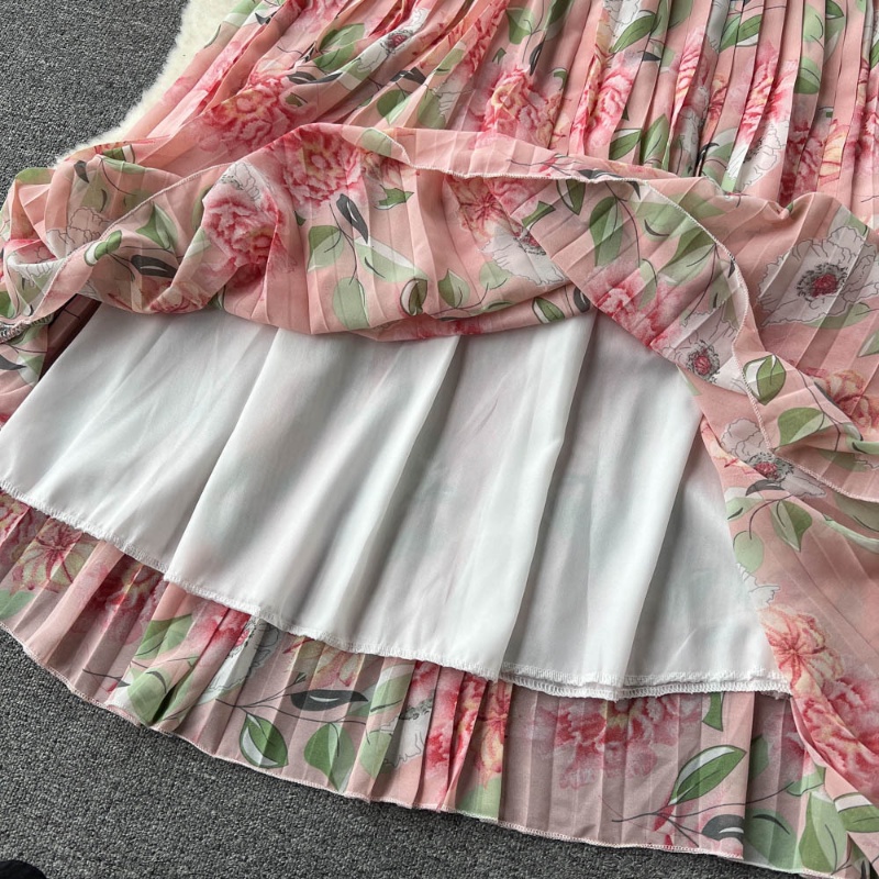 Bộ Áo Sơ Mi Tay Dài Cổ Chữ v In Hoa + Chân Váy Dài Eo Cao Xếp Ly Thời Trang Xuân Thu Cho Nữ