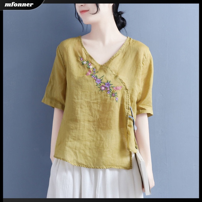 Áo Thun Cotton Lanh Tay Ngắn Dáng Rộng Thêu Hoa Kiểu Retro Thời Trang Mùa Hè Cho Bạn Gái