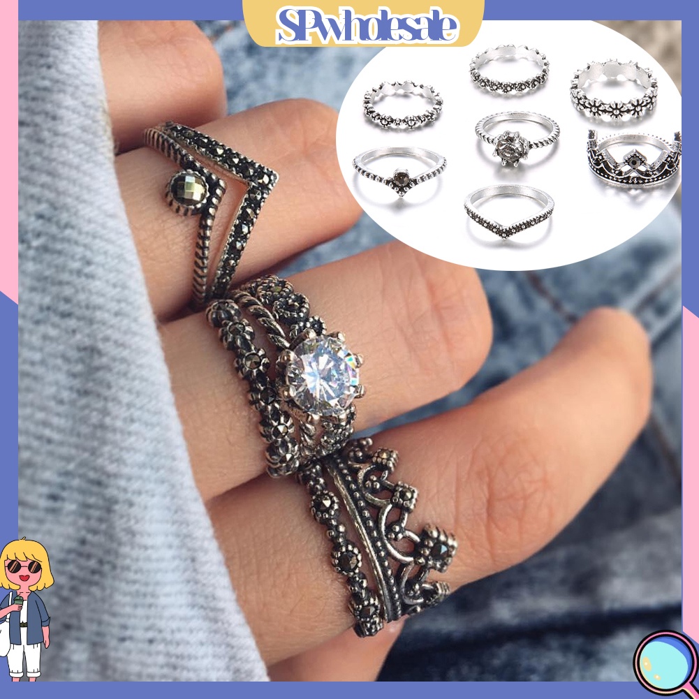 <SPwholesale> Set 7 Nhẫn Đeo Khớp Ngón Tay Phong Cách Bohemia Vintage Cho Nữ