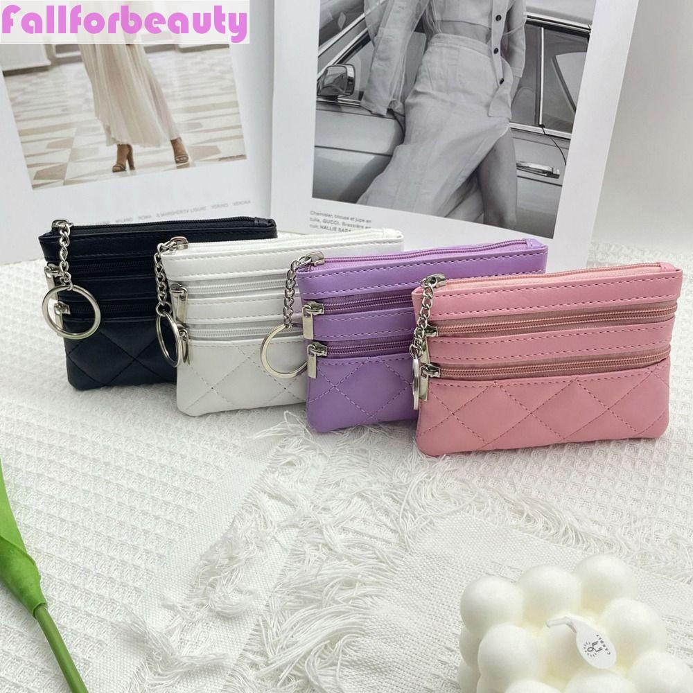 Fallforbeauty Túi Da PU Hai Ngăn Đựng Tiền Xu / Son Môi Đa Năng Có Khóa Kéo Họa Tiết Sọc Caro Phong Cách Hàn Quốc Giá Đỡ