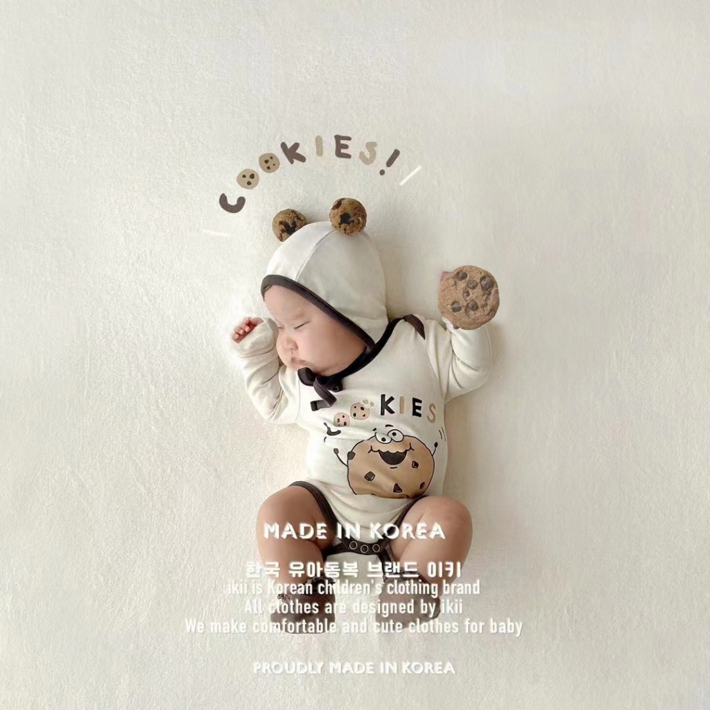 Áo Liền Quần Tam Giác Tay Dài In Hình Bánh Quy Dễ Thương Thời Trang Xuân Thu Cho Bé